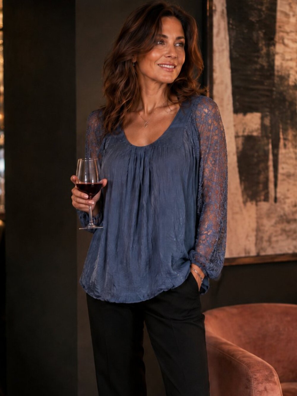 Carla Conti XS Silk Lace Blouse Made in Italy Navy Sheer Sleeve Top